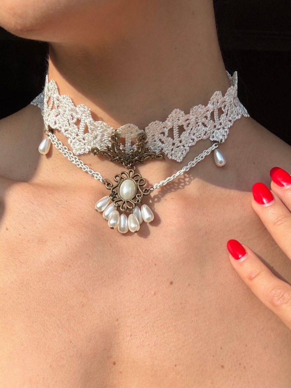 White Lace Pearl Choker Necklace Victorian Medieval Whimsygoth Bronze 13-16"
